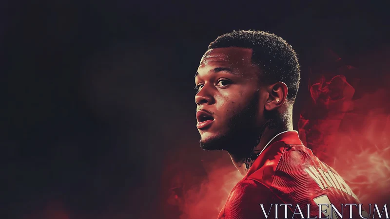 Football player portrait in red kit against dark backdrop.