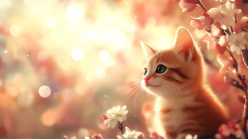 Juvenile Feline Portrait with Bokeh Depth and Floral Environmental Context