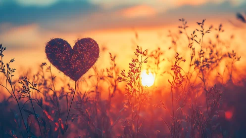 Heart silhouette positioned in field with sunset illumination.