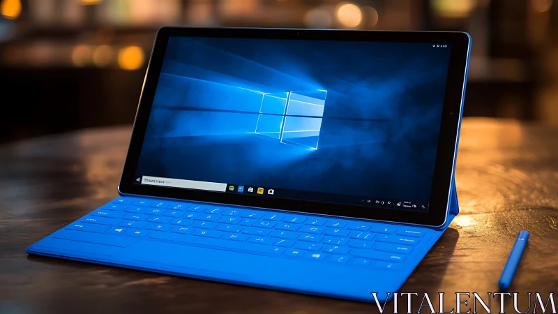 Windows tablet hybrid with illuminated blue keyboard in shallow depth