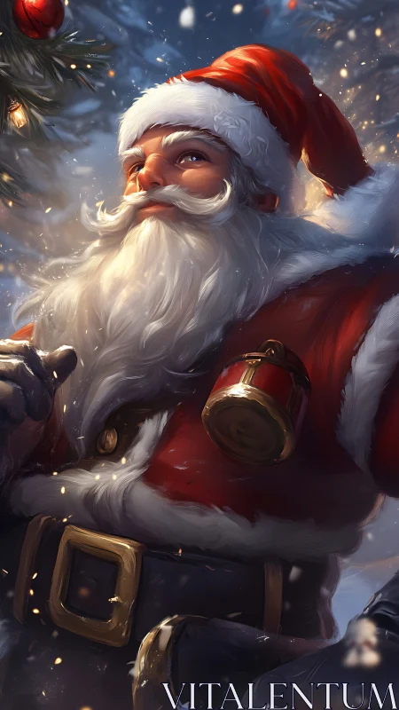 Santa Claus stands in glowing winter snowfall portrait