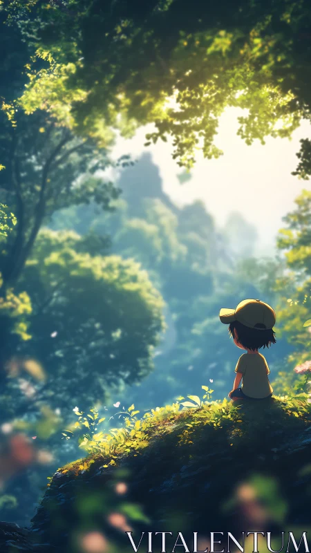 Child sitting on forest ledge under soft morning light.