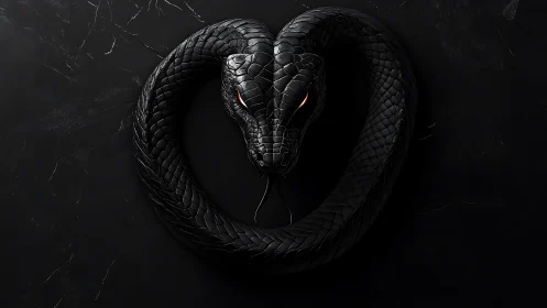 Coiled black serpent forms a glowing-eyed heart in shadow