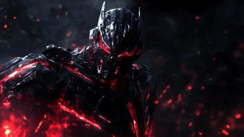 Armored humanoid figure with red energy in dark setting.