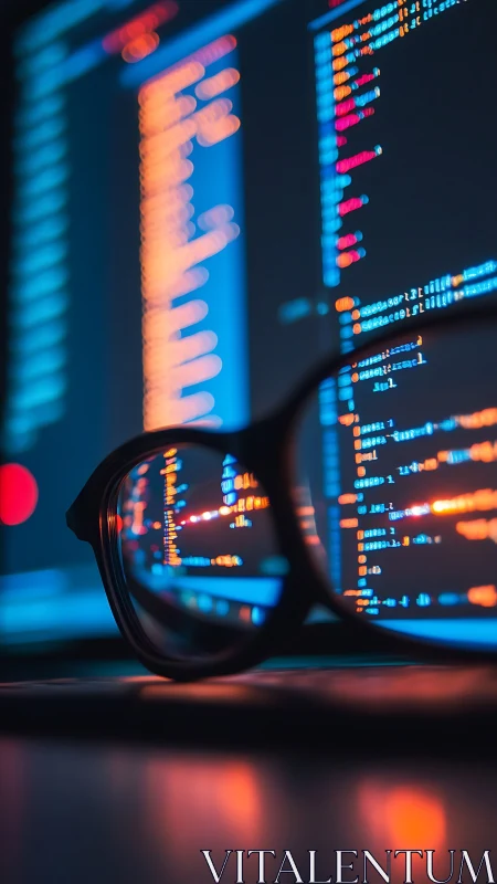 Close-up spectacle reflection on RGB backlit source code display