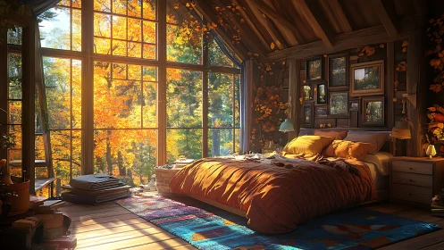Cozy autumn cabin bedroom glowing with golden forest light.