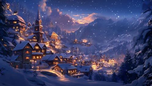 Snowbound alpine village glows under deep twilight sky.