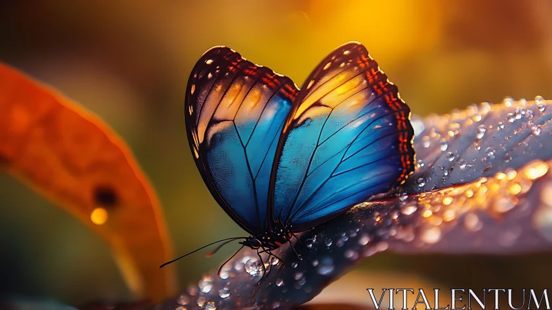 Macro study of blue butterfly wings on dew‑covered leaf at sunrise