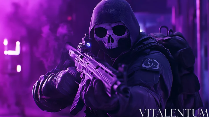 Tactical operator with skull mask in neon lit corridor.