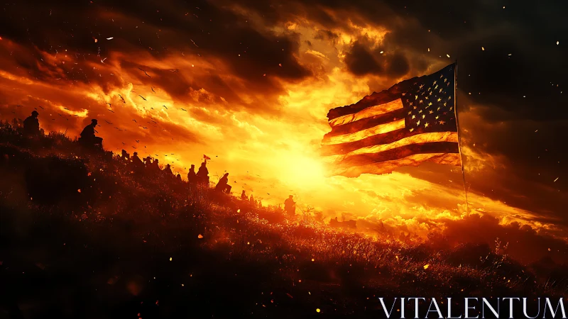 American flag silhouetted against massive inferno with crowds