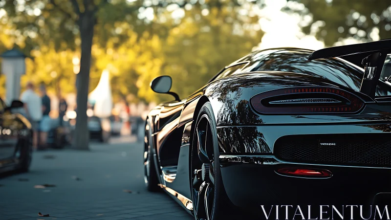 Rear view shows parked black sports car on tree-lined street