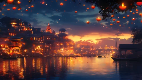 River city glows under lantern-filled twilight sky.