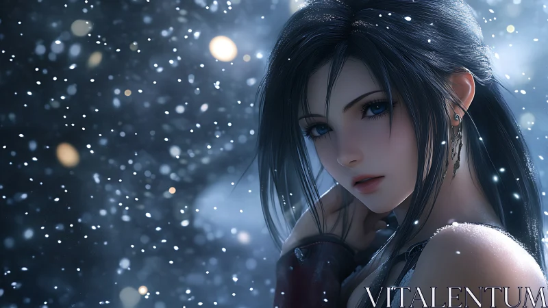 Digital portrait of dark-haired woman in winter snowfall.