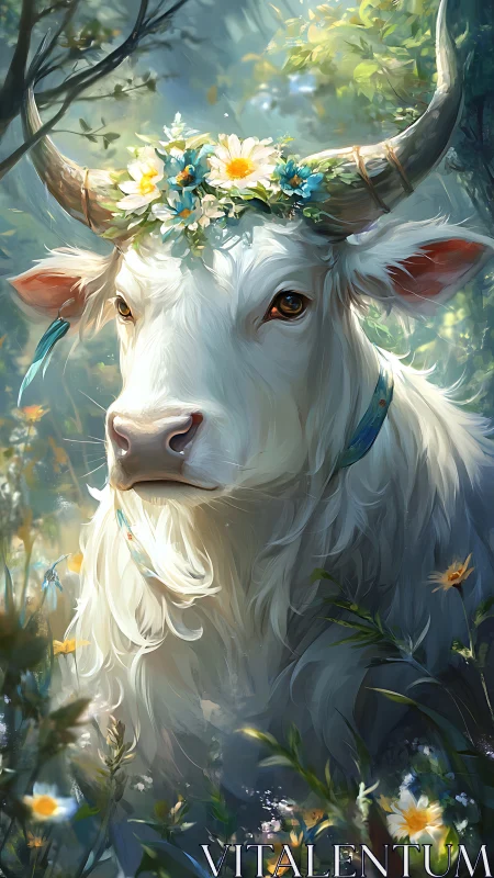 Gentle white cow in a flower crown glowing in forest light.