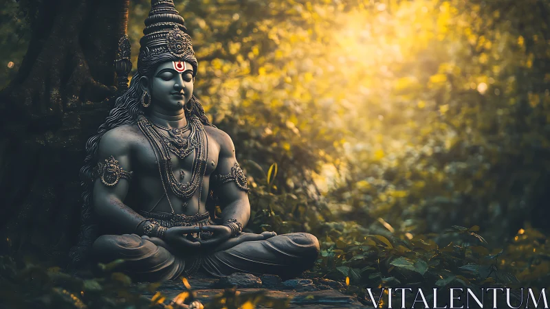 Serene stone deity in forest clearing with golden sunlight.