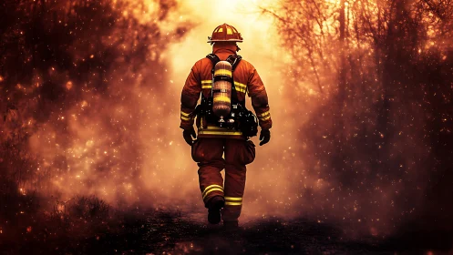 Firefighter Advancing Through Inferno with Tactical Equipment and Protective Gear