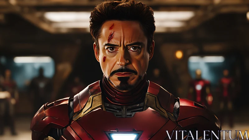 Battle worn armored hero stands strong in a glowing suit