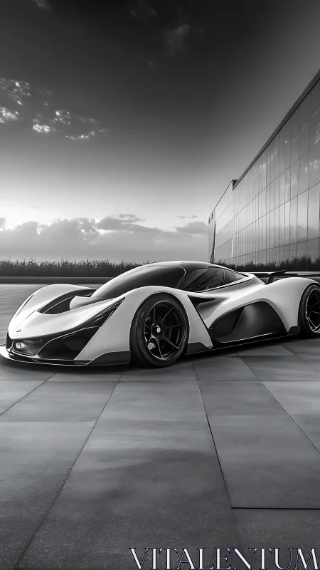 Sleek white hypercar rests beside a modern glass building
