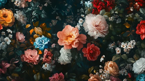 Lush Garden of Vintage Florals on Deep Teal Background