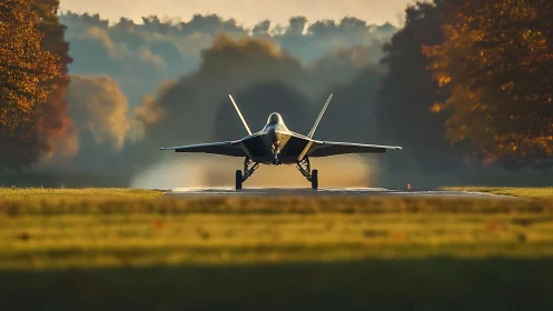 Stealth fighter jet waits on runway amid soft autumn haze
