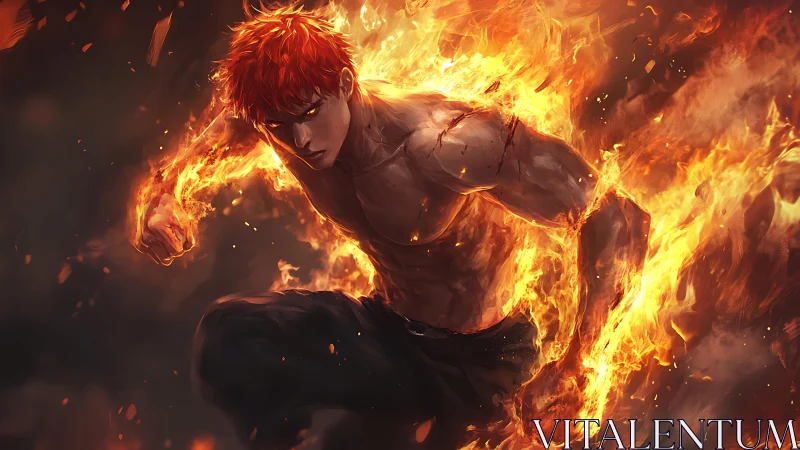 Fiery anime fighter charges forward through swirling flames