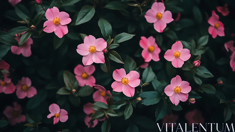 Pink blooms flourish among verdant foliage in serene garden setting