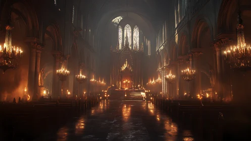 Gothic cathedral nave with candlelit chandeliers and altar glow