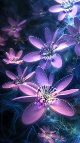 Dreamlike violet blossoms glow gently in a swirling night garden