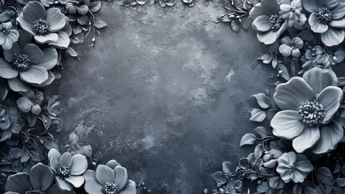 Monochrome Floral Border Framing Textured Stone Surface.