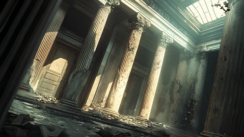 Sunlit ruins of a forgotten grand hall, quietly enduring time.