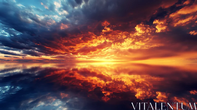 Skyfire horizon melting into mirrored ocean hush.