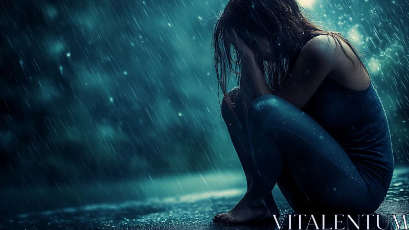 Desaturated low key portrait of crouched woman crying in rain