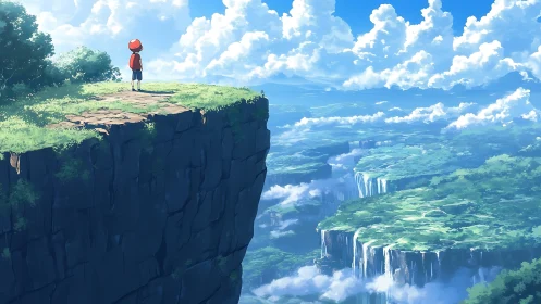 Solitary figure on high cliff above expansive valley plain.