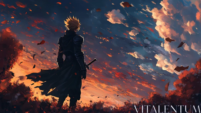 Lone anime swordsman watches a blazing, windswept sunset sky