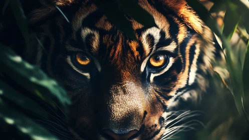 Tiger gaze through jungle foliage in dramatic close-up.
