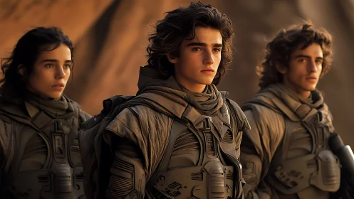 Desert-clad wanderers weigh destiny beneath molten dunes