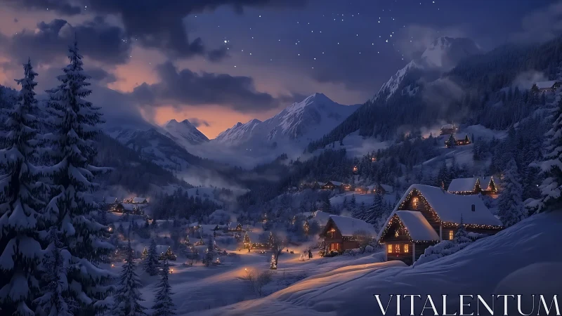 Snowy alpine village glows warmly beneath a tranquil winter sky
