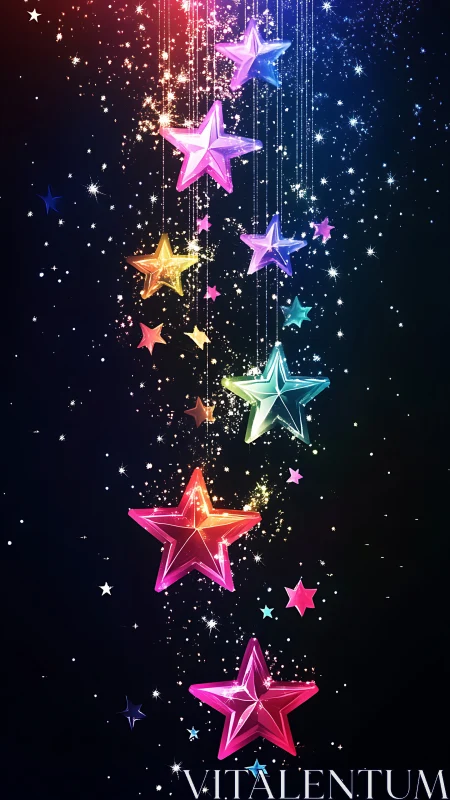 Rainbow crystal stars glow against deep cosmic night sky