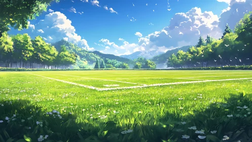 Sunlit soccer field rendered with crisp linear perspective and depth