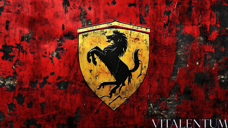 Prancing horse shield logo is displayed on distressed red panel