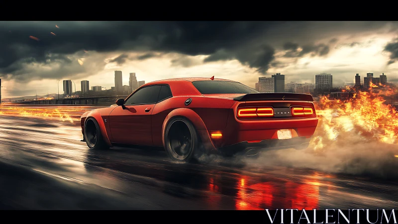 Red muscle car drifts through blazing city highway storm.