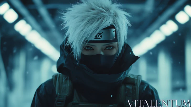 Snowlit cyber ninja stalks the neon tunnel twilight.