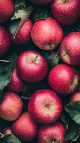 Fresh red apples piled with green leaves in close view.