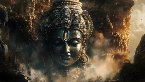 Colossal divine metal visage in luminous mythic canyon.