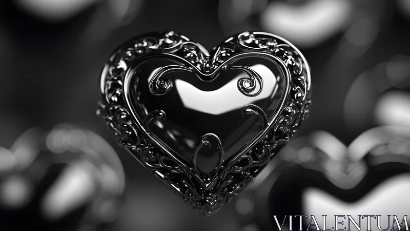 Ornate Metallic Heart in Black and White, Elegant 3D Art Style.