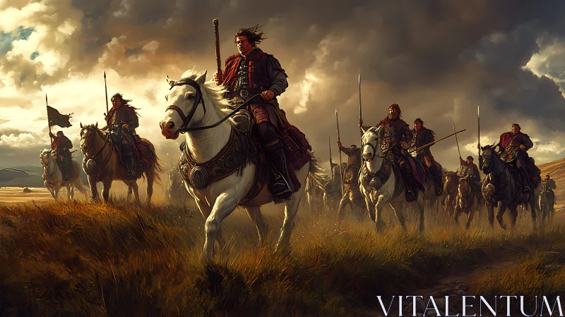 Highland cavalry charge beneath stormlit evening sky.