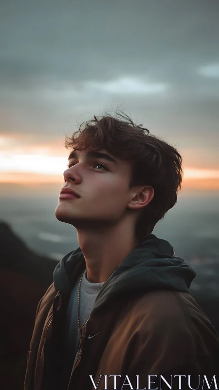 Young man in hoodie looking up at moody sunset sky.