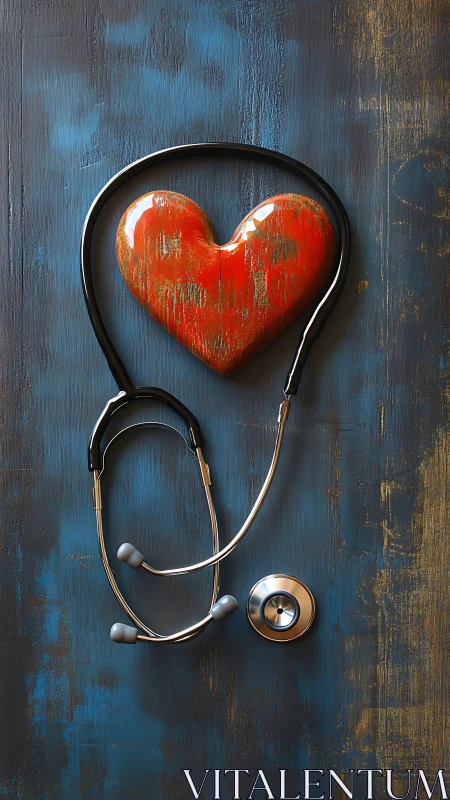 Warm red heart and caring stethoscope on rustic blue wall.