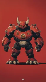 Horned red mech warrior on flat red background.
