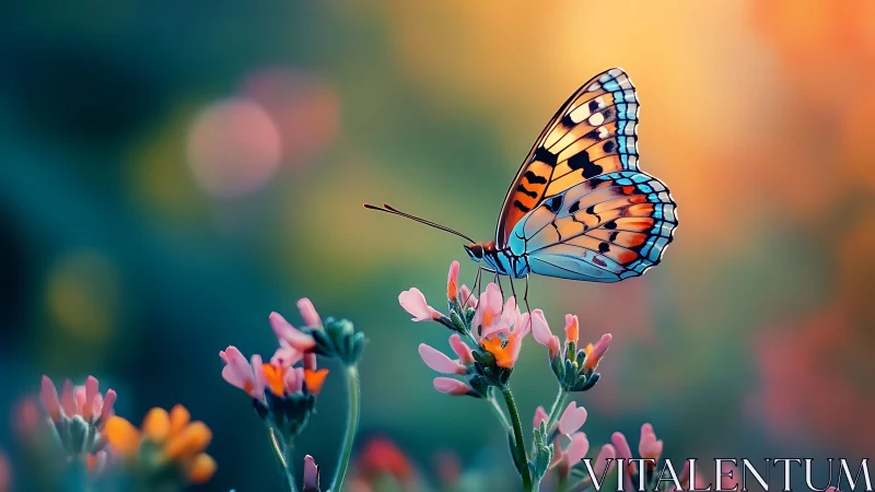 Digital macro study of butterfly on wildflower bokeh field.